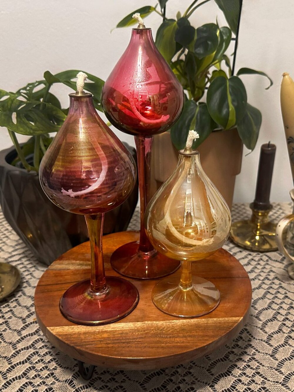 Vintage Art Glass Pedestal Oil Lamps – Set of 3 – Teardrop Blown Glass